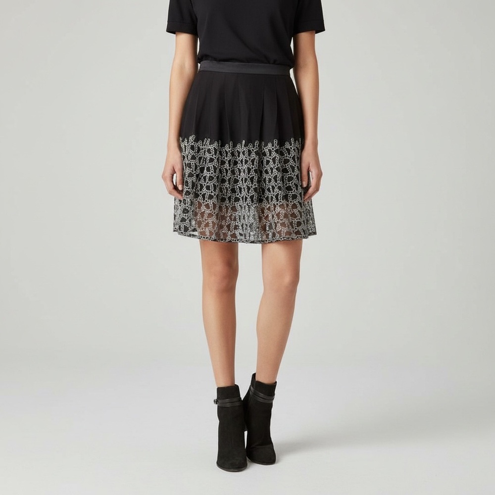 AllSaints Sidney Skirt Black White Embroidered Mesh Pleated Mini Size 8 Medium